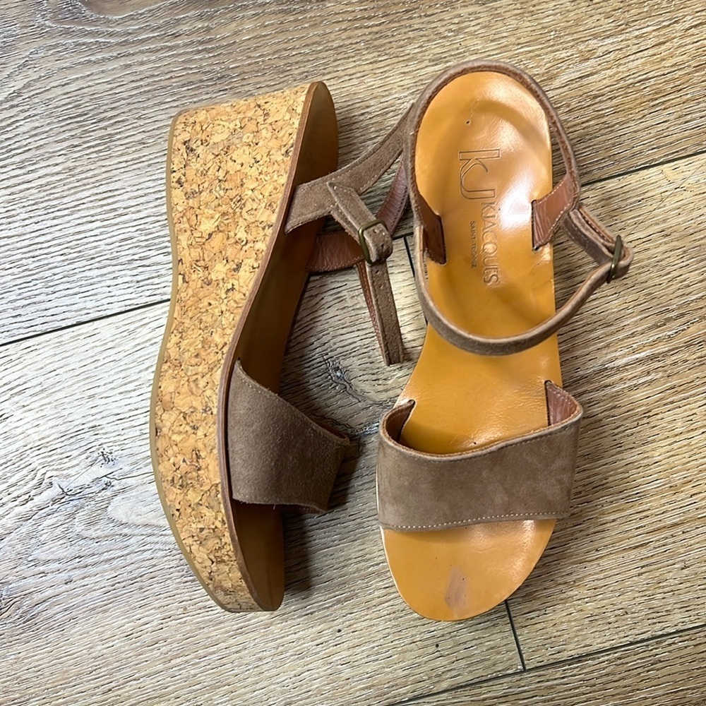 K Jacques Josy Brown Suede Cork Heel Wedge Sandals Size 39/7.5-8US